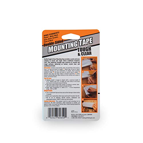 Gorilla Tough & Clear Double Sided Mounting Tape, 1" x 60", Clear, (Pack of 6) - size: 6- Pack
