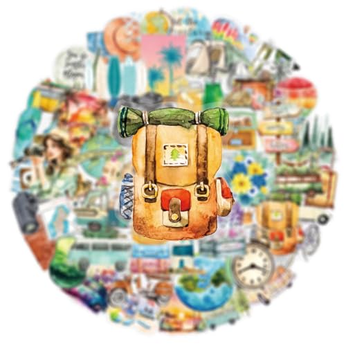 50Pcs Transparent Watercolor Travel Stickers Pack, Waterproof PET Adventure Decals for Water Bottle Laptop Suitcase Skateboard Scrapbook Journal, Colorful DIY Craft Gifts for Kids Teens Girls - color: Transparent Watercolor Travel-2