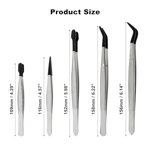 5Pcs Tweezers Set, Non-Scratch Rubber Tip, Black - color: Black