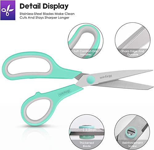 iBayam 36-Pack 8" Heavy Duty Scissors, Sharp Comfort-Grip, Left/Right Hand | Ultra-sharp 2.5mm steel blades, 100,000+ cut durability, comfort-grip handles — perfect for home, school, office & crafts. - color: Mint, Grey, Purple, size: 36-Pack