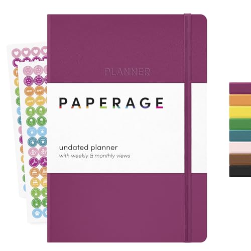 PAPERAGE Undated Weekly & Monthly Hardcover Planner (Raspberry), 5.6 in x 8 in, Includes Lined Note Pages & 2 Sticker Sheets - color: Raspberry, style: Casebound