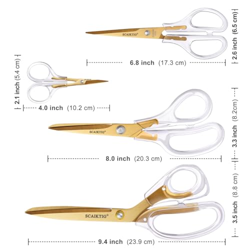 SCAIKTIG Acrylic Scissors Set, Office Scissors for Desk Gold, Clear Comfort-Grip Handles and Titanium Coated Blades, Sharp Scissors all Purpose Heavy Duty for Sewing, Art, Craft, School, Home Supplies - color: Transparent + Gold, size: 4-Pack(9.4"/8"/6.8"