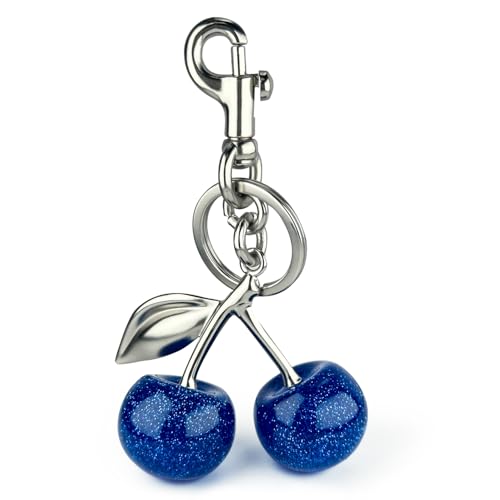 Glitter Cherry Bag Charm with Key Ring and Clip, Cute Cherry Keychain for Women's Purses and Handbags - color: Blue