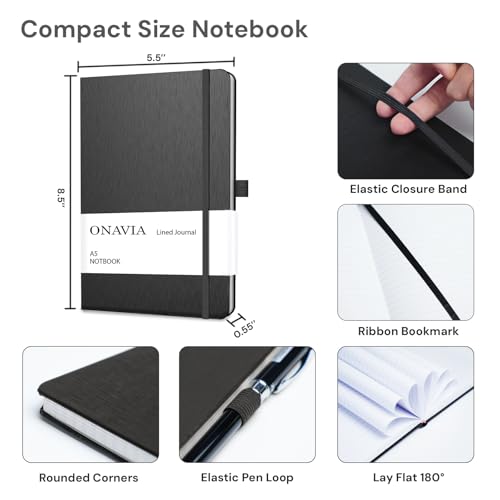 ONAVIA A5 Notebooks for Work, Lined Journal, 160 Pages | 80 Sheets, 5.8 x 8.3 in, Lay Flat, College Ruled, A5 Hardcover Journal, Lined Notebook for Work, School, Note Taking - color: Black