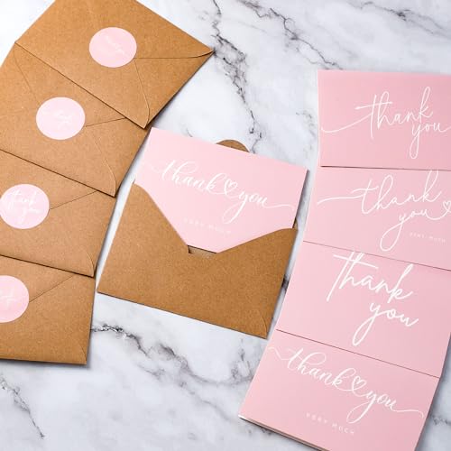 Layneria 100 Bulk Pink Thank You Cards with Kraft Envelopes and stickers - 4 Minimalistic Designs Blank Thank You Notes with Envelopes for business Wedding Bridal Gift Baby Shower Business Graduation - color: Pink and White