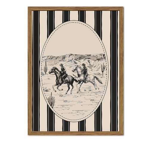 Western Cowboy Drawing Wall Art Black and white Cowboy Stripe Wall Decor Painting, Vintage Rodeo Sketch Poster Canvas Print Picture for Living Room Bedroom 12x16 inch Wood Framed - color: Cowboy A, size: 16"L x 12"W