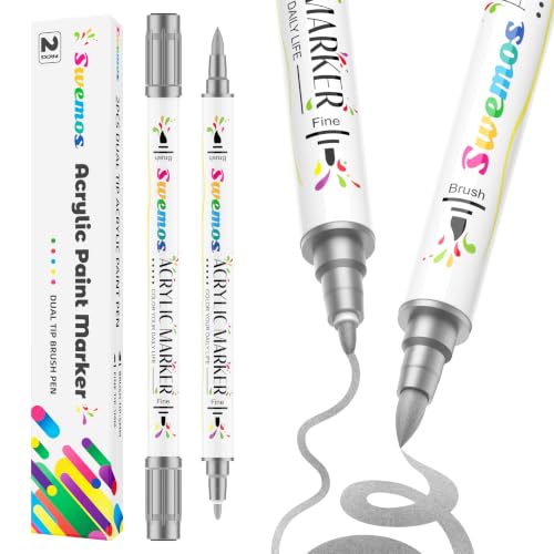 Swemos 2 Silver Acrylic Paint Markers, Dual Tip Acrylic Paint Pens