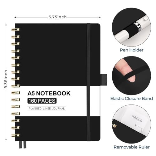 AHGXG Spiral Journal Notebook, 160 Lined Pages, A5 Size (5.7'' x 8.3'') - color: Black