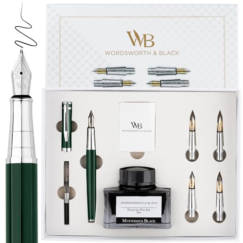 Wordsworth & Black Luxury Fountain Pen Set for Writing, 6 Nibs, Green - color: Green Chrome