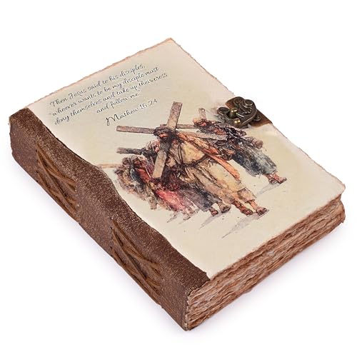 LEATHER VILLAGE Bible Journal Soft Cover Verse, Heritage Brown 8x6. | Matthew 19:26 printed cover, 200 pages of blank deckle edge cotton paper, 8x6 in, antique lock, devotional gift journal - color: MATHEW-19:26