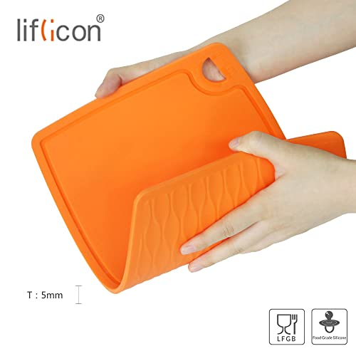 Liflicon Thick Cutting Boards for Kitchen Silicone Chopping Board Set of 2 Mid 12.6'' x 9.1”,Mini 9.1”x7.1” Non-slip Deep Drip Juice Groove Easy Grip Handle,Dishwasher Safe-Orange - color: Orange, size: 9.1"L x 7.1"W & 12.6"L x 9.1"W