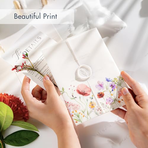 50 Pack Pre-Folded Vellum Jackets for 5x7 Invitations,AZAZA Pretty Translucent Invitation Sleeves,115GSM Vellum Jackets 5x7, Wedding Invitation AccessoriesFor, Weddings Birthdays,Wildflowers - color: 50Pck--Colorful Wildflowers No.1