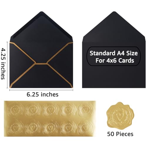 50 Pieces 4x6 Envelopes with Gold Stickers, Black, 4.25 x 6.25 Inch | Gold Border Included, For Greeting Cards and Invitations - color: Black, size: A4-4x6