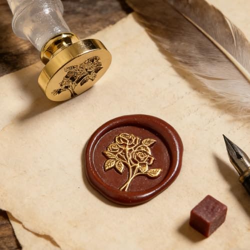 LANKIN Rose Wax Seal Stamp, Floral Plant Theme; 25mm Brass Head - color: Rose