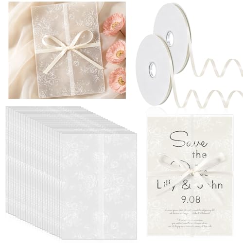 100 Pcs Pre Folded Floral Vellum Jackets for 5x7 Invitations, Wedding Translucent Vellum Paper with Ribbon, Envelope Liners for Wedding Bridal Baby Shower Birthday Mother Event(White) - color: White