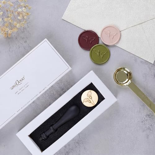 UNIQOOO 3D Embossed 2 Flowers Calla Lily Wax Seal Stamp with Wooden Handle, Vintage Floral Brass Sealing Wax Stamp Head for Wedding Invitations, Envelopes, Gift Wrapping, DIY Crafts - color: 2 Flowers Calla Lily