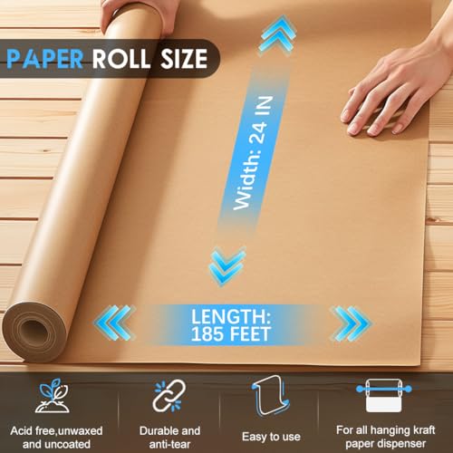 PerkHomy 24" x 2,220" (185') Brown Kraft Paper Roll for Craft Bulletin Board Paper Art Table Covering Crafting Gift Wrapping Bouquet Packing Parcel 70GSM 50LB (Brown, 24" x 185') - color: Brown, size: 24" Width x 185' Length