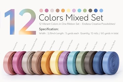 Keypan Pastel Satin Ribbon Set, 12 Rolls, 3/8 Inch, 60 Yards - color: Morandi, size: 3/8"