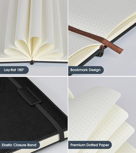 Biuwory Dotted Journal Notebook, 140 Dot Grid Pages, Medium 5.7"×8.3" | A5 Hardcover Vintage Leather Journal for Women Men, Dot Grid Paper Notebook for Work School Travel, Bullet Journaling Writing - color: Black, size: Dotted-140 Pages (5.7"×8.3")