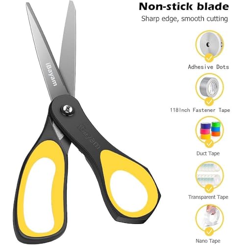 iBayam 8.5" All Purpose Nonstick Scissors, Titanium Scissors for Kids Craft | 2.5mm Blade| Comfort Grip Right/Left Handles| Multipurpose | Cutting Tape, Glue, Adhesive Labels, Paper Fabric - color: Yellow, Blue, Red, size: 3-Pack