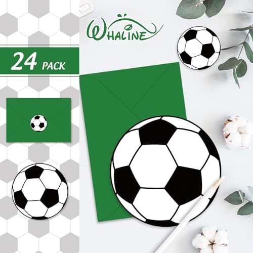 Whaline 24 Pack Soccer Greeting Cards Sports Ball Blank Note Cards with Envelopes Stickers for Sports Theme Game Day Birthday Party Supplies - style: Soccer
