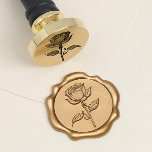 UNIQOOO 3D Embossed Relief Rose Flowers Wax Seal Stamp with Wooden Handle, Floral Botanical Theme Vintage Brass Stamp for Wedding Invitation, DIY, Gift Wrap, Envelopes, Christmas Card - color: Rose