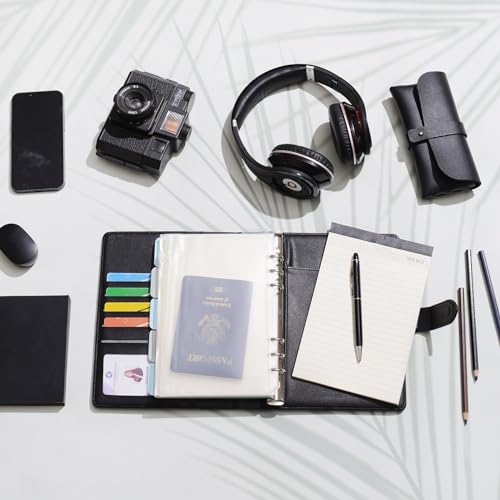 WASON A5 Binder PU Leather Journal Ring Portfolio Lined Notebook Refillable Paper Diary with Removable Clipboard Writing Notepad for Travel Business School Agenda Organizer (Black) - color: Black