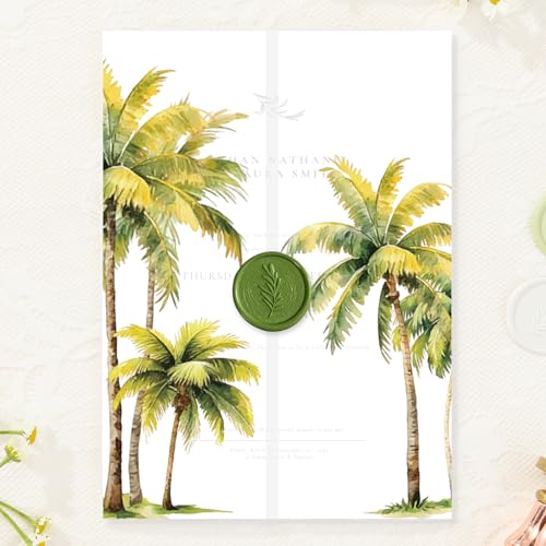 50 Pack Pre-Folded Vellum Jackets for 5x7 Invitations,AZAZA Translucent Invitation Sleeves,115GSM Vellum Jackets 5x7, Wedding Invitation Accessories,for Weddings Birthdays,Green Watercolor Palm Tree - color: 50Pack--Green Watercolor Palm Tree