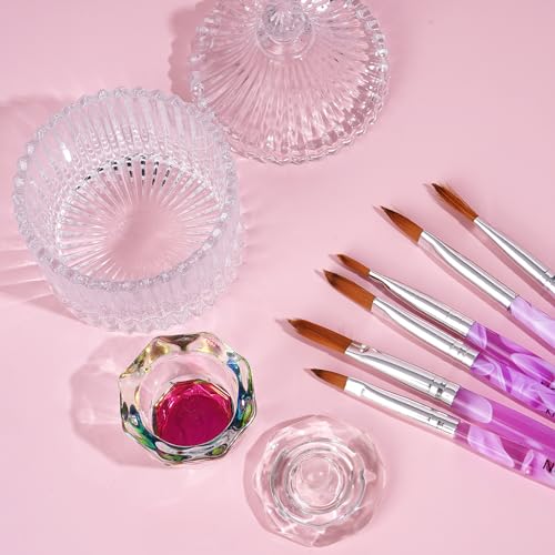 Nail Brush Dappen Dish Set: 6PCS Nail Art Pen and 2PCS Crystal Dappen Dish - color: 8 PCS-Pink