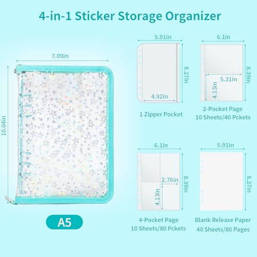 4 In 1 Sticker Storage Organizer, A5 Sticker Binder with Storage Pocket & Release Paper, Glitter Reusable Stickers Book Collecting, Blank Stickers Album Holder for Adult Container Display (Cyan) - color: Cyan