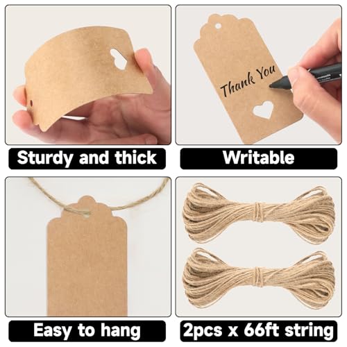 G2PLUS 100PCS Blank Gift Tags with String, Kraft Paper Hangtags, 3.7x1.8 in - style: Hollow Heart Brown