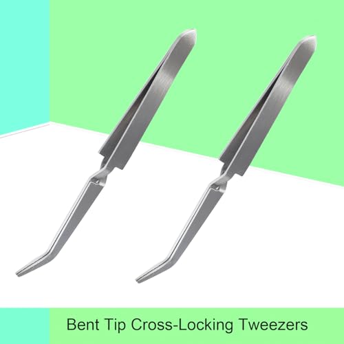Cross Lock Tweezers 4PCS, SKZIRI 4 Pieces Reverse Tweezers Locking Tweezers Set Stainless Steel Bent and Straight Tip Cross-Locking Tweezers forJewelry DIY Craft Electronics (4)