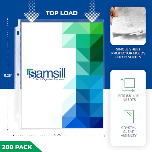 Samsill 200 Pack Heavy Duty Sheet Protectors, Crystal Clear, 8.5x11 Inch Page Protectors for 3 Ring Binder, Letter Size Protectors, Reinforced Holes, Clear Protector, Top Loading, Acid Free - size: 200 Pack, style: Crystal Clear