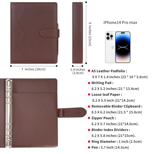 Wason A5 Binder PU Leather Journal Ring Portfolio Lined Notebook Refillable Paper Diary with Removable Clipboard Writing Notepad for Travel Business School Agenda Organizer (Coffee) - color: Coffee