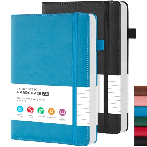 FOCUS DAY 2 Pack Lined Notebook Journals for Women/Men Work, A5 Leather Journal Notebook with Pen Loop, 100Gsm Premium Thick Paper, Inner Pocket, Medium 5.7"x8.4", Blue & Black - color: Black Blue