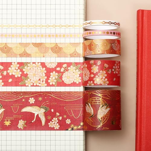 VIVIQUEN Gold Washi Tape Set Vintage Masking Tape Decorative Tape for DIY Scrapbooking, Crafts, Bullet Journal, Gift Wrapping, Holiday Decoration Planner Accessories (Red Classical 5 Rolls) - color: Red Classical 5 Rolls