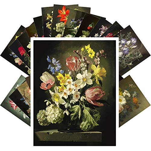 PIXILUV Vintage PostCards 24 pcs WILD FLOWERS STILL LIFE Antique Museum Painting Art by Jan Retro Poster REPRINT - color: Brown