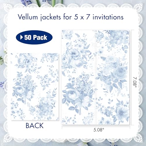 50 Pack Pre-Folded Vellum Jackets for 5x7 Invitations,AZAZA Translucent Invitation Sleeves,115GSM Vellum Jackets 5x7, Wedding Invitation Accessories,for Weddings Birthdays,Green Watercolor Palm Tree,Blue Watercolor Floral Pattern - color: 50Pack--Blue Wat