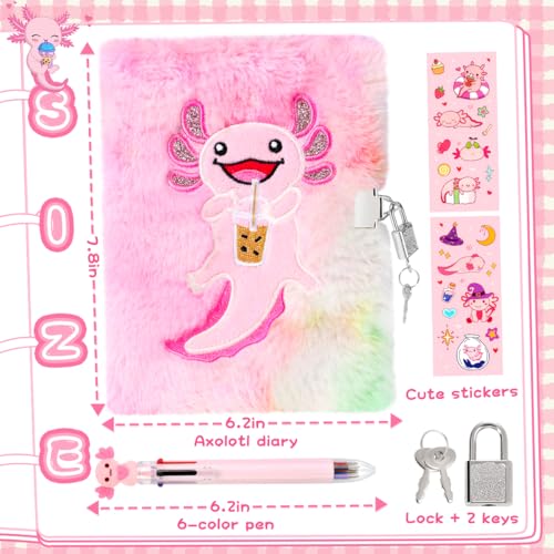 Axolotl Diary with Lock, Plush Journal for Girls Ages 6-8 - style: Axolotl NEW