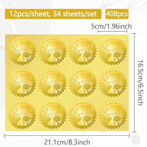 CRASPIRE Winner Trophy 408Pcs Gold Foil Embossed Stickers 2" Self Adhesive Envelopes Seals Sticker Round Labels for Wedding Invitation Graduation Corporate Certificates Diplomas Gift Wrapping Decor - style: Winner Trophy