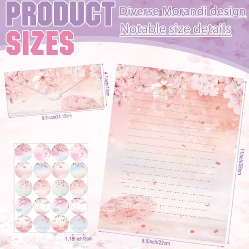 TaoBary 160 Pcs Cherry Blossom Stationery Paper and Envelopes Set 50 Double Sided Lined Stationery Paper with 50 Matching Envelopes and 60 Round Dot Sticker 8.5 x 11'' Letter Writing Kit, 10design - size: 8.5 x 11 Inch, style: Cherry Blossom