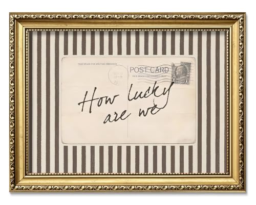 Vintage Gold Framed Wall Art,How Lucky Are We Quote Canvas Prints, Striped Postcard Rustic Wall Decor, Farmhouse French Country Poster Painting for Bedroom Living Room Dorm 8x10 Inch