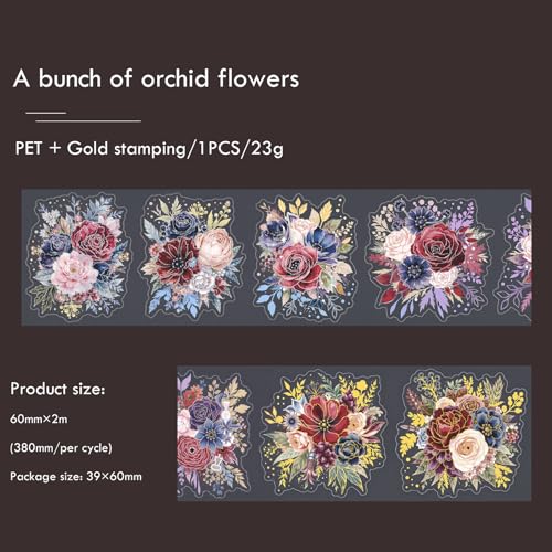 Sitsink PET Tape for Journal Scrapbooking - Rich Dark Red Blue Floral Bouquet PET Tape Stickers for Crafts Junk Journal Supplies Notebook Scrapbook DIY Decor - style: Blue Bouquet
