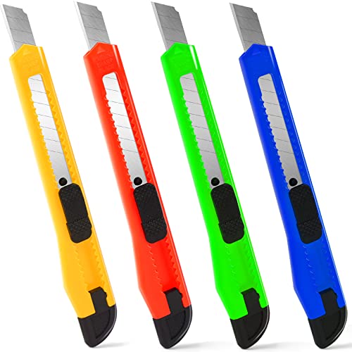 4 Pack Box Cutter, 9mm Snap-off Utility Knife, Box Cutter Retractable for Opening Packages Cartons, Box Opener, Disposable Razor Knife Exacto Knife Perfect for Office and Home use - color: 4 Pack - Red, Yellow, Blue, Green