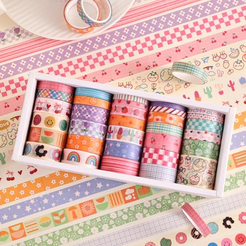 PAGEMORE 32 Rolls Colorful Cute Floral Writable Washi Tape Set, Decorative Tapes for Scrapbooking and Journaling, Junk Journal Supplies, Bullet Journaling for Women Girl 5-30mm Wide 9.84ft Long/Roll - color: Cute Painting