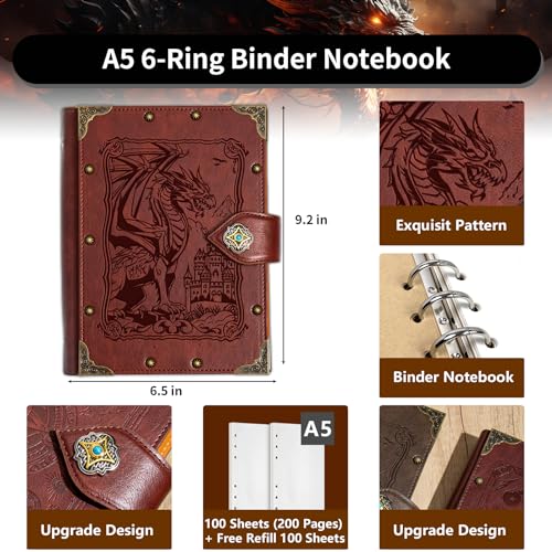 DUROTAN DND Notebook Vintage Dragon Journal Unique Refillable Binder - color: 2-Red-DragonKing