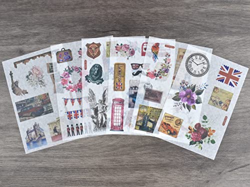 12 Sheets Vintage British Style Washi Stickers Eiffel Tower Big Ben Telephone Booth British Guards Self-Adhesive Sticker for Scrapbook Diary Journal Book Planner Art Craft Scrapbooking Journaling - color: B