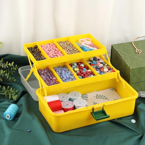 BTSKY 3-Layer Plastic Dividing Storage Box Craft Organizer and Storage | Portable Handled Art Supply Organizer with Adjustable Spacers Multipurpose Home Utility Box for Medicine Sewing(Yellow+Green) - color: Yellow+Green
