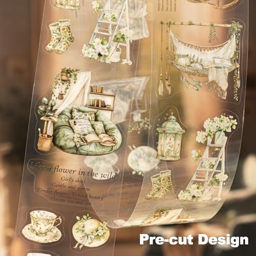6 Rolls Pre-Cut Cozy Home PET Tape for Scrapbook Journaling | Sofas, beds, windows and reading corners with floral accents; transparent and water-resistant for collages and crafts - style: Cozy Home