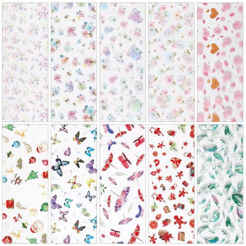 1 Box 10 Rolls Flower Nail Foil Transfer Sheets Nail Art Stickers PET Floral Blossom Butterfly Santa Tree Sticker Decals for Manicure Arts Supplies Decorations 39x1.6 Inch - style: Style 2